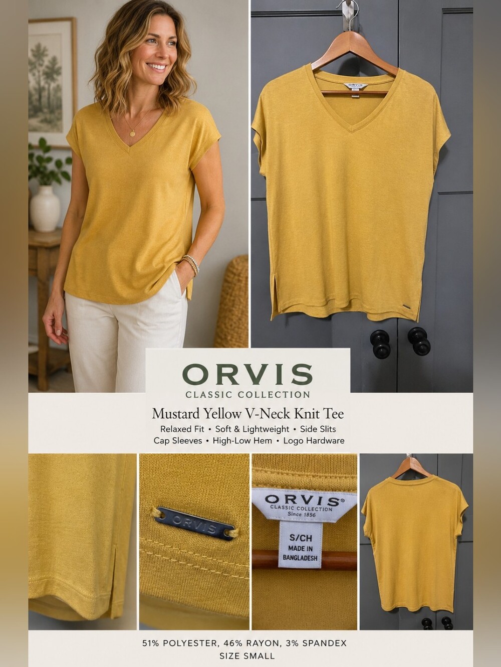 Orvis Classic Collection Mustard Yellow Relaxed V-Neck Knit Tee Top Small
